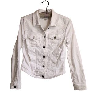 Hinge Women’s White Denim Jacket With Embroidery Accents Stretch Size XS